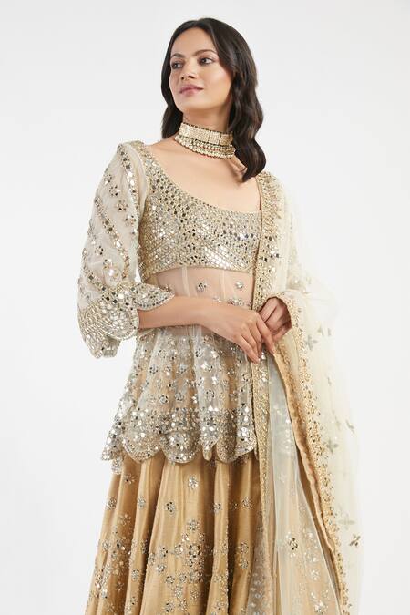 Abhinav Mishra_Beige Lehenga And Dupatta Net Blouse Raw Silk U Neck Peplum & Set_at_Aza_Fashions