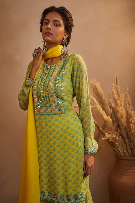 Aneesh Agarwaal_Yellow Georgette Abstract Print, Mirror And Thread Round Kurta Sharara Set _Online_at_Aza_Fashions