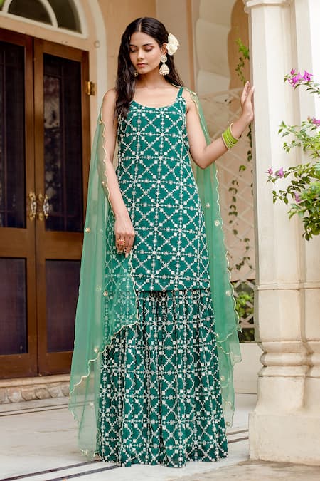 Gulabo Jaipur_Green Dupatta Organza, Kurta And Sharara Georgette Bahaar Embroidered Set _Online_at_Aza_Fashions
