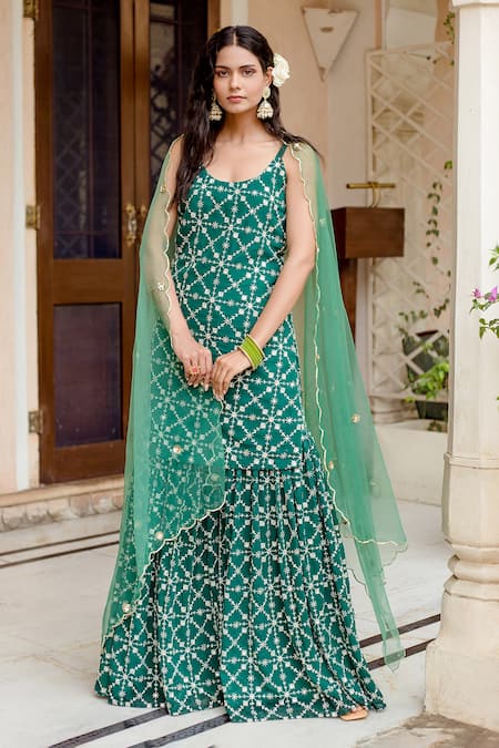 Buy_Gulabo Jaipur_Green Dupatta Organza, Kurta And Sharara Georgette Bahaar Embroidered Set _Online_at_Aza_Fashions