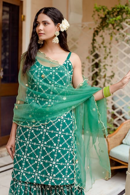 Shop_Gulabo Jaipur_Green Dupatta Organza, Kurta And Sharara Georgette Bahaar Embroidered Set _Online_at_Aza_Fashions