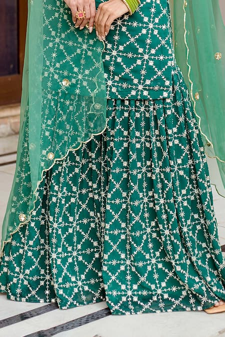 Gulabo Jaipur_Green Dupatta Organza, Kurta And Sharara Georgette Bahaar Embroidered Set _at_Aza_Fashions