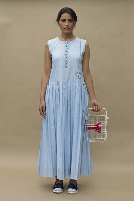 Chillosophy Blue Cotton Poplin Round Pleated Maxi Dress Online at Aza Fashions Chillosophy_Blue Cotton Poplin Round Pleated Maxi Dress _Online_at_Aza_Fashions