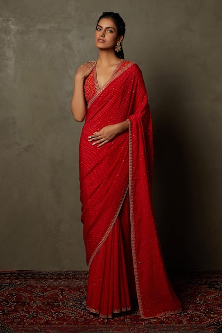 RI.Ritu Kumar Pink 100% Silk Printed Geometric V Neck Prina Saree With Blouse