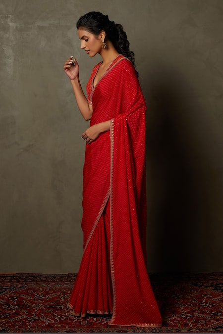 RI.Ritu Kumar_Pink 100% Silk Geometric, Sequin V Neck Prina Saree With Blouse _Online_at_Aza_Fashions