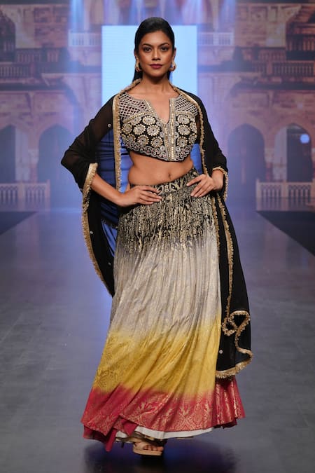 Soniya G_Black Pure Silk Blend And Embroidery Foil Notched Lehenga Set _Online_at_Aza_Fashions