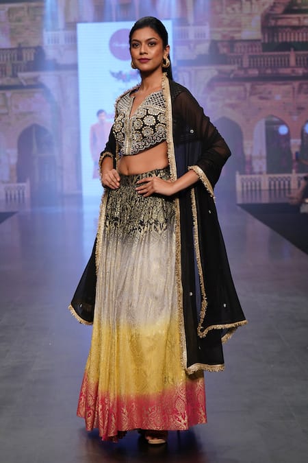 Shop_Soniya G_Black Pure Silk Blend And Embroidery Foil Notched Lehenga Set _Online_at_Aza_Fashions