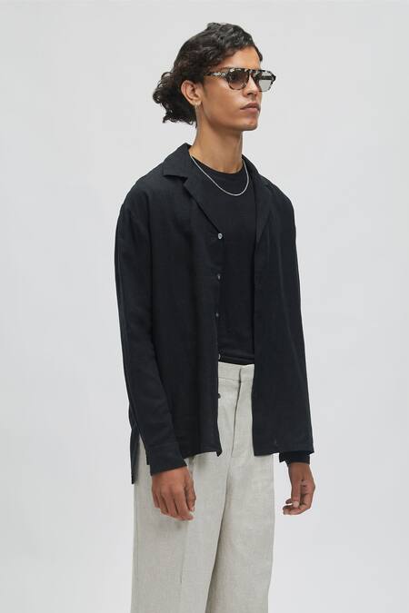 Terra Luna Black 100% Linen Plain Pegasus Camp Collar Shirt Online at Aza Fashions Terra Luna_Black 100% Linen Plain Pegasus Camp Collar Shirt _Online_at_Aza_Fashions