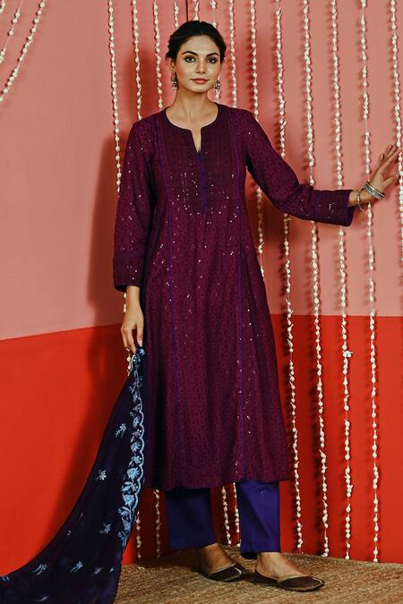 Myaara Purple Cotton, Organza Embroidery, Sequins Collared Kurta Set at Aza Fashions Myaara_Purple Cotton, Organza Embroidery, Sequins Collared Kurta Set _at_Aza_Fashions