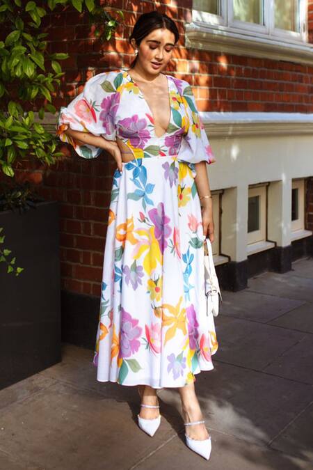 Sonam Parmar Jhawar Multi Color Linen Floral V Neck Suki Print Dress Online at Aza Fashions Sonam Parmar Jhawar_Multi Color Linen Floral V Neck Suki Print Dress_Online_at_Aza_Fashions