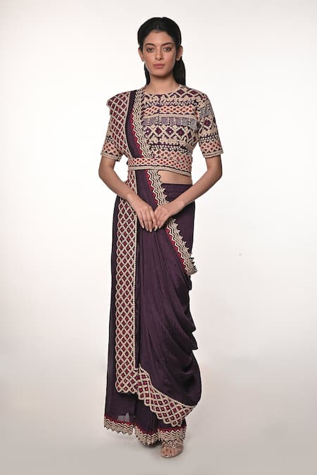 Soumodeep Dutta_Purple Silk, Handloom Cotton Embellished Border Pre-draped Saree With Blouse _Online_at_Aza_Fashions
