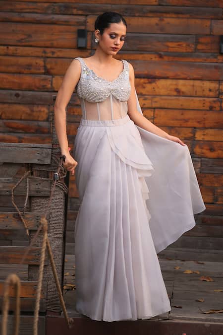 House Of Tushaom_Gray Satin Organza Embroidery Resham Leaf Neck Grey Saree Gown _Online_at_Aza_Fashions