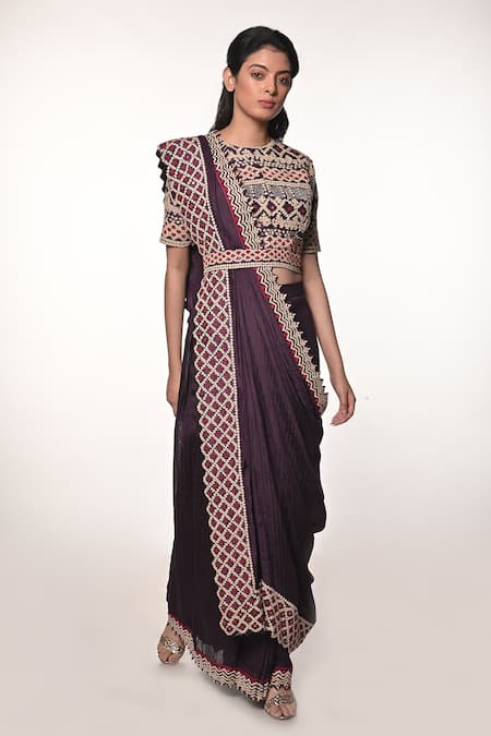 Buy_Soumodeep Dutta_Purple Silk, Handloom Cotton Embellished Border Pre-draped Saree With Blouse _Online_at_Aza_Fashions
