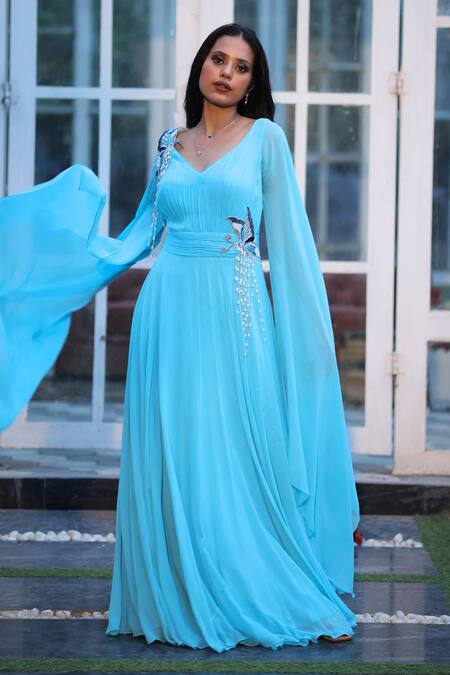 House Of Tushaom Blue Georgette Embroidery Sequin Leaf Neck Cape Sleeve Draped Gown Online at Aza Fashions House Of Tushaom_Blue Georgette Embroidery Sequin Leaf Neck Cape Sleeve Draped Gown _Online_at_Aza_Fashions