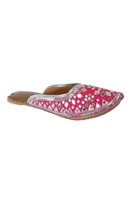 5elements_Pink Embroidered Silk Mirror Embellished Open-back Juttis _Online_at_Aza_Fashions