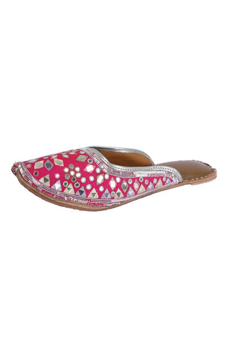 Buy_5elements_Pink Embroidered Silk Mirror Embellished Open-back Juttis _Online_at_Aza_Fashions