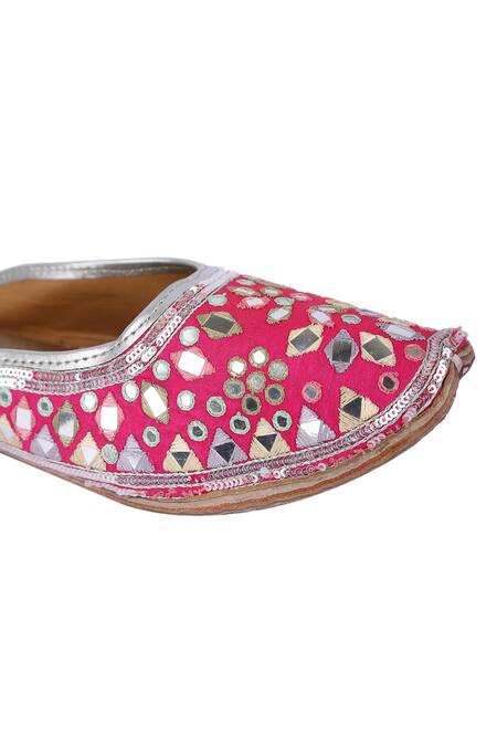 Shop_5elements_Pink Embroidered Silk Mirror Embellished Open-back Juttis _Online_at_Aza_Fashions