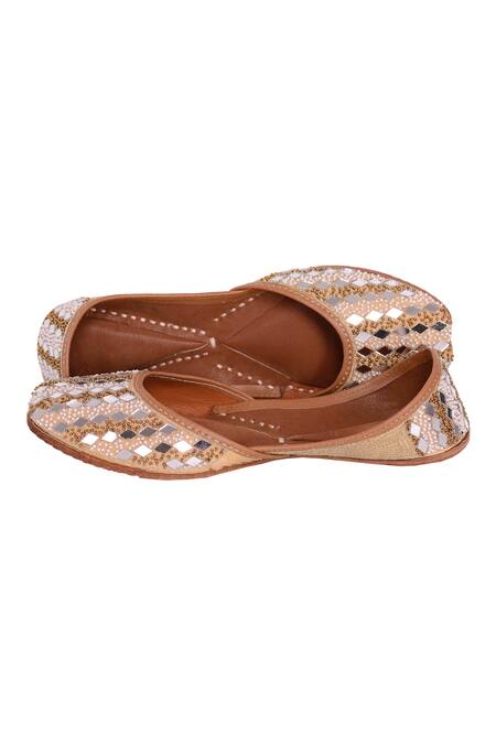 Shop 5elements Gold Embroidered Silk Mirror Embellished Juttis at Aza Fashions Shop_5elements_Gold Embroidered Silk Mirror Embellished Juttis _at_Aza_Fashions