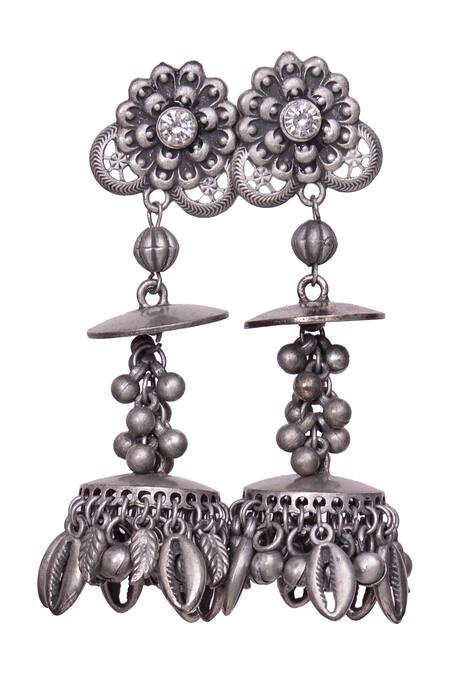 5elements Silver Plated Ghunghroo Kyna Oxidised Long Jhumkas Online at Aza Fashions 5elements_Silver Plated Ghunghroo Kyna Oxidised Long Jhumkas_Online_at_Aza_Fashions