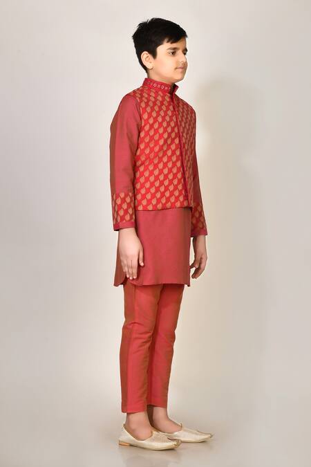 Petite Pomme_Red Cotton, , Chanderi Embroidery, Sequins Bundi And Kurta Set _Online_at_Aza_Fashions
