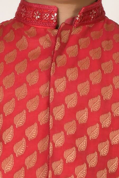 Petite Pomme_Red Cotton, , Chanderi Embroidery, Sequins Bundi And Kurta Set _at_Aza_Fashions