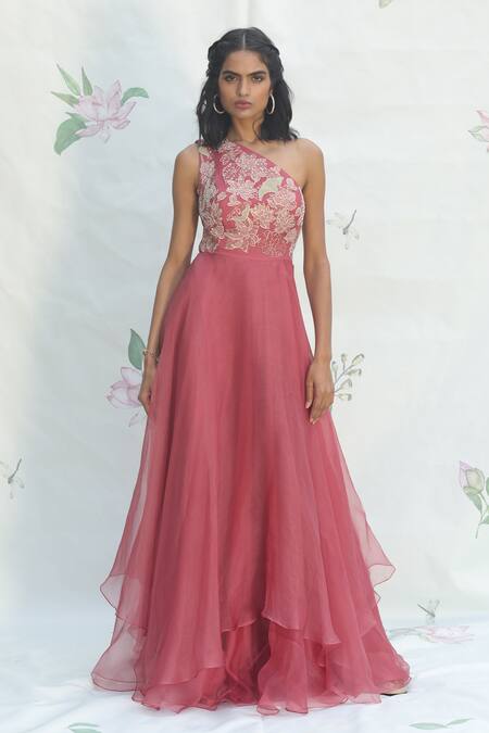 Taavare_Pink Organza Asymmetric One Shoulder Layered Gown_Online_at_Aza_Fashions