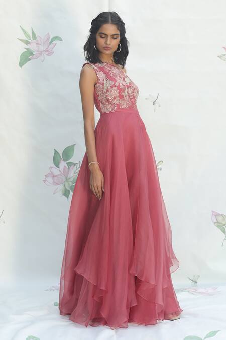 Buy_Taavare_Pink Organza Asymmetric One Shoulder Layered Gown_Online_at_Aza_Fashions
