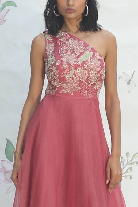Shop_Taavare_Pink Organza Asymmetric One Shoulder Layered Gown_Online_at_Aza_Fashions