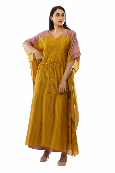 Shop_Khat_Yellow Chanderi Silk, Poplin Tassels V-neck Pintuck Kaftan And Flared Pant Set _Online_at_Aza_Fashions