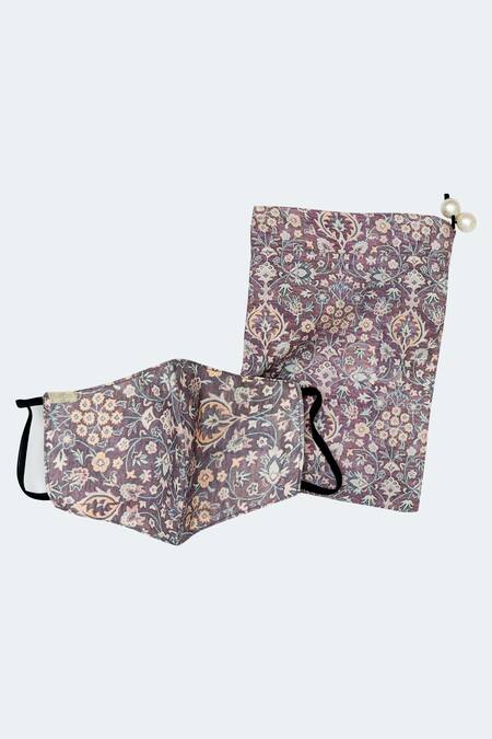 Buy_Rabani & Rakha_Purple Floral Printed Face Mask And Pocket Square Set _Online_at_Aza_Fashions