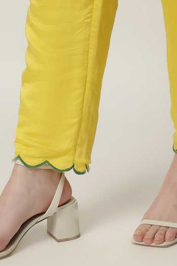 Musal_Yellow Chanderi, Satin Embroidery Round Neck Leslie Fruit Kurta Pant Set _at_Aza_Fashions