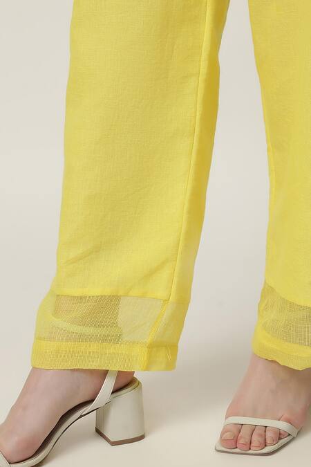 Musal_Yellow Cotton, Linen, Kota Doria, Kalie Embroidered Angarkha Kurta Pant Set_at_Aza_Fashions