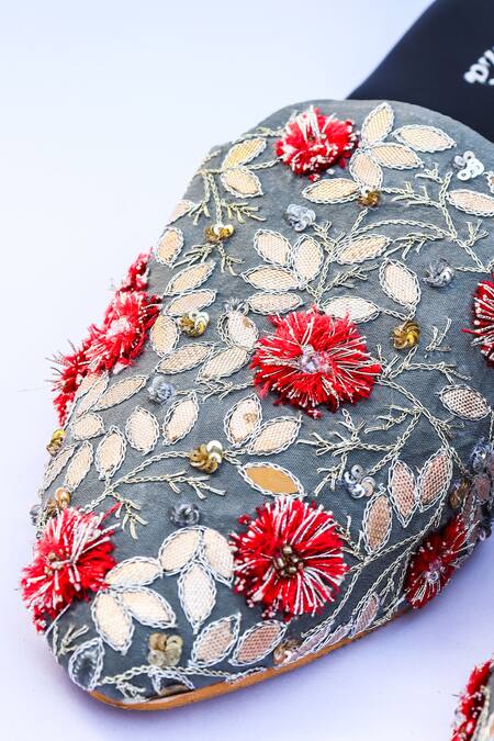 LA Fiza_Grey Embroidery Hala Pointed Toe Block Heels_Online_at_Aza_Fashions