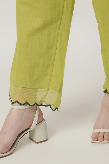 Musal_Green Cotton, Linen, Kota Doria Embroidery V-neck Tracey Leaf Kurta Pant Set_at_Aza_Fashions