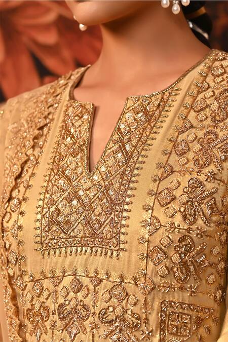 Shop_Moledro_Gold Brocade, Net Sequins, Beads, Zari, Embroidery Round Neck Shira Kurta Set _Online_at_Aza_Fashions