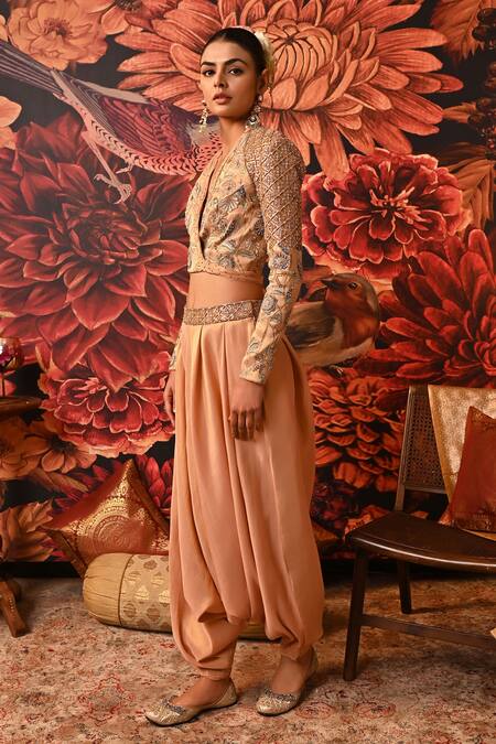 Buy_Moledro_Peach Brocade Beads, Sequins, Zari, Embroidery Ina Jacket And Harem Pant Set _Online_at_Aza_Fashions