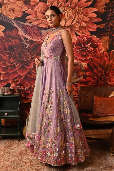 Moledro_Purple Organza, Brocade, Net Embroidery, Sequins, Irsa Anarkali With Dupatta _Online_at_Aza_Fashions