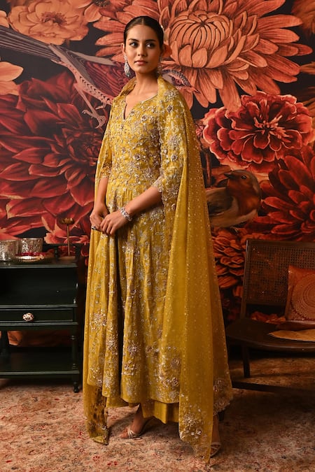 Shop_Moledro_Green Silk , Brocade, Cut Work, Arisha Embellished Anarkali Set _Online_at_Aza_Fashions