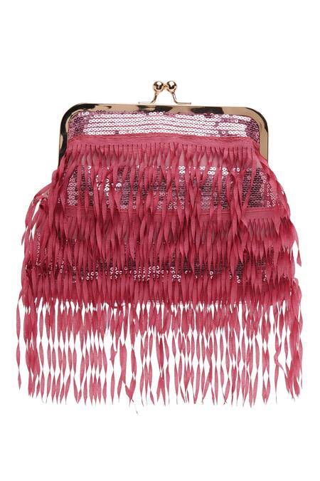 Richa Gupta_Pink Embroidery, Fringe Sequin And Detail Clutch_at_Aza_Fashions