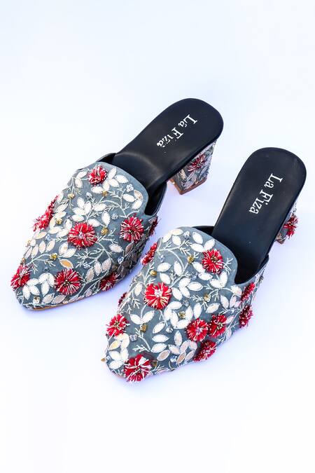 Buy_LA Fiza_Grey Embroidery Hala Pointed Toe Block Heels_Online_at_Aza_Fashions