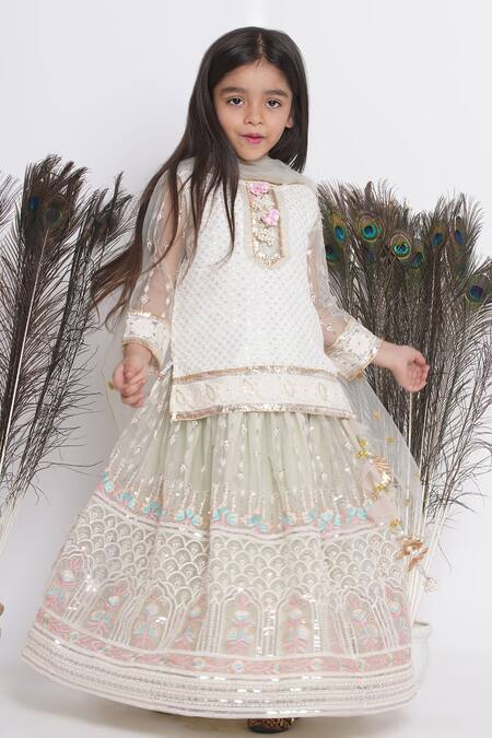Little Bansi_Green Cotton, Net Sequins, Pearls, Embroidery Embellished Lehenga Set _at_Aza_Fashions