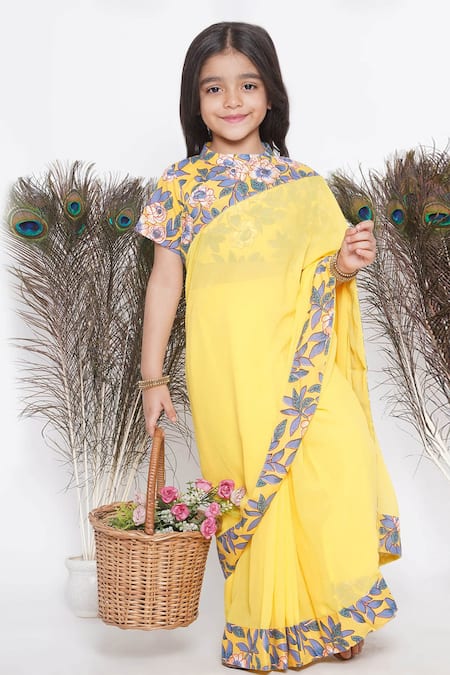 Buy_Little Bansi_Yellow Georgette, Cotton Embroidery Floral Print Pre-draped Saree With Blouse _Online_at_Aza_Fashions