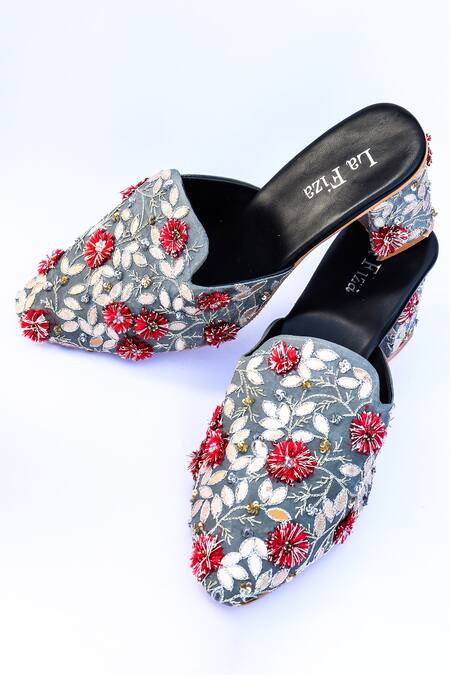 Shop_LA Fiza_Grey Embroidery Hala Pointed Toe Block Heels_Online_at_Aza_Fashions