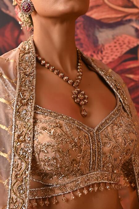 Moledro_Pink Brocade, Organza Mirrors, Sequins, Embroidery Kasiya Bridal Lehenga Set _Online_at_Aza_Fashions