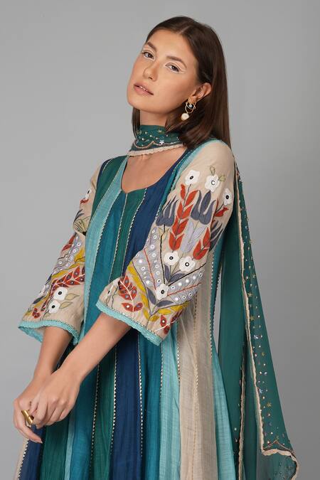 Devyani Mehrotra_Multi Color Chanderi 40grm Embroidered Round Panelled Anarkali Set_at_Aza_Fashions