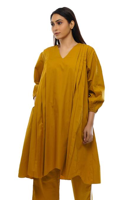 Khat_Yellow Cotton, Poplin V-neck Pleated Dress And Pant Co-ord Set _Online_at_Aza_Fashions