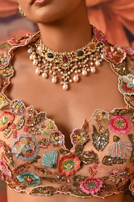 Moledro Peach Net, Brocade, Organza Applique, Bahaar Blooming Bridal Lehenga Set at Aza Fashions Moledro_Peach Net, Brocade, Organza Applique, Bahaar Blooming Bridal Lehenga Set _at_Aza_Fashions