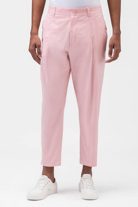 Shop Genes Lecoanet Hemant Pink Cotton Twill Plain Pleated Pastel Trouser Online at Aza Fashions Shop_Genes Lecoanet Hemant_Pink Cotton Twill Plain Pleated Pastel Trouser _Online_at_Aza_Fashions