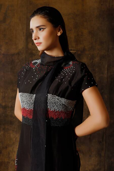 Eclat By Prerika Jalan_Black Silk, Chanderi, Organza Beads Turtle Neck Embroidered Jumpsuit _at_Aza_Fashions