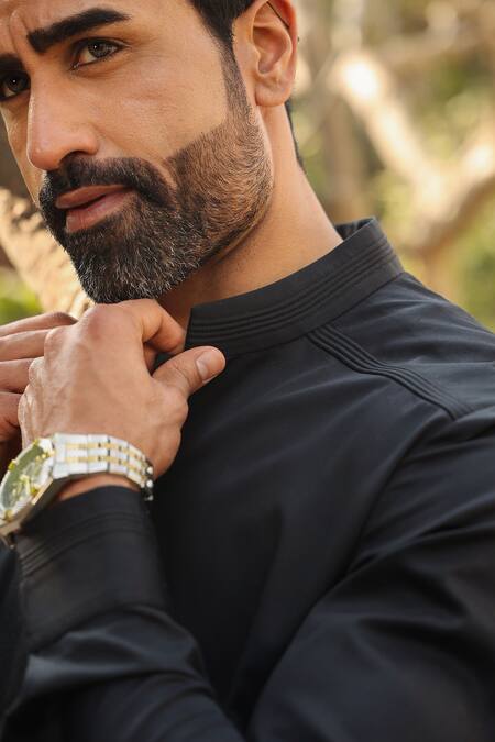Raw & Rustic By Niti Bothra_Black Cotton Embroidery Mandarin Collar Kurta Shirt _at_Aza_Fashions